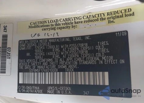 2010 Toyota Tundra Grade 4.6L V8 из США, поврежденный, VIN 5TFRM5F17AX010008